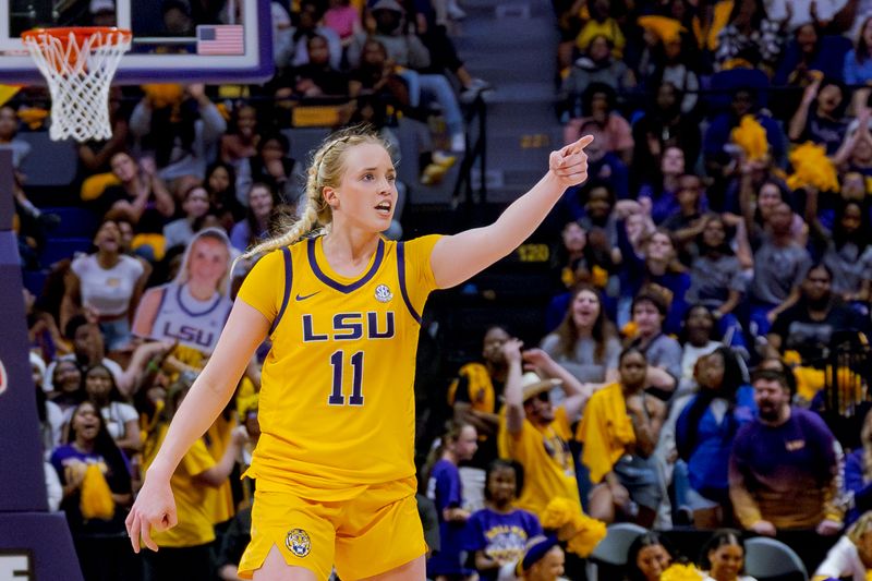 Mar 3, 2024; Baton Rouge, Louisiana, USA;  LSU Lady Tigers guard Hailey Van Lith (11) celebrates a score against the Kentucky Wildcats during the second half at Pete Maravich Assembly Center. Mandatory Credit: Matthew Hinton-USA TODAY Sports