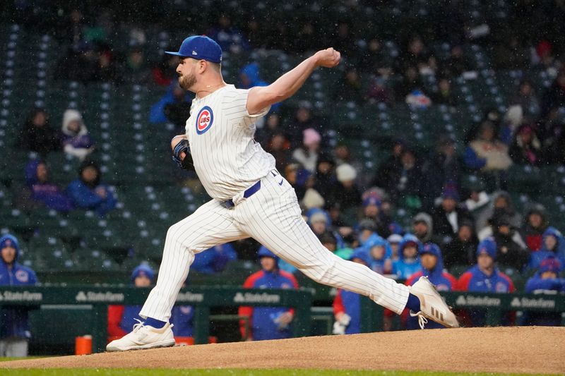 Apr 3, 2024; Chicago, Illinois, USA; Chicago Cubs starting pitcher Luke Little (43) throws the ball against the Colorado Rockies during the first inning at Wrigley Field. Mandatory Credit: David Banks-USA TODAY Sports