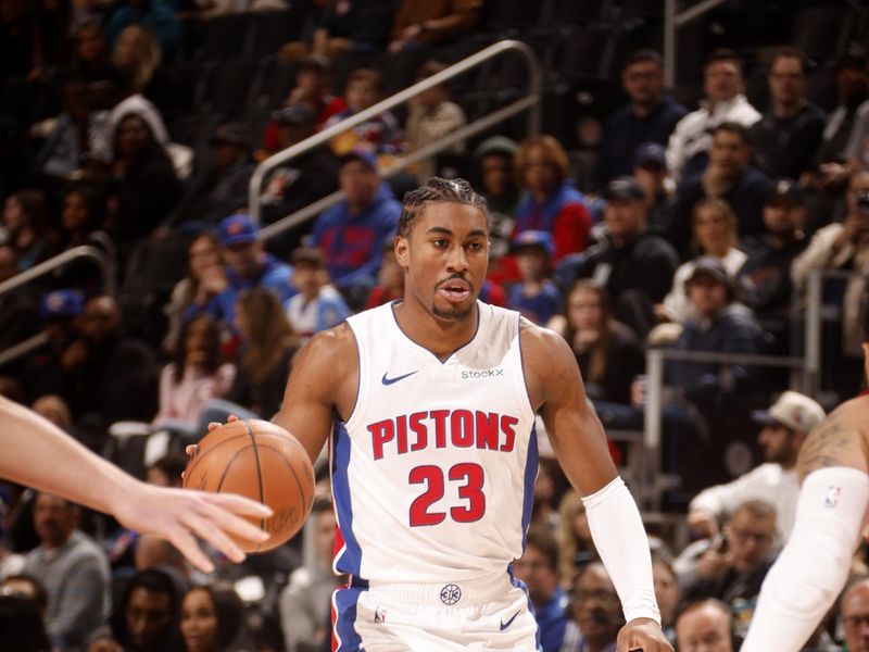 DETROIT, MI - NOVEMBER 10: Jaden Ivey #23 of the Detroit Pistons drives to the basket during the game against the Houston Rockets on November 10, 2024 at Little Caesars Arena in Detroit, Michigan. NOTE TO USER: User expressly acknowledges and agrees that, by downloading and/or using this photograph, User is consenting to the terms and conditions of the Getty Images License Agreement. Mandatory Copyright Notice: Copyright 2024 NBAE (Photo by Brian Sevald/NBAE via Getty Images)