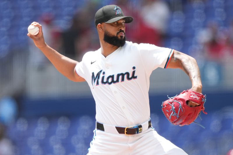 Apr 23, 2025; Miami, Florida, USA;  Miami Marlins pitcher Sandy Alcantara (22) pitches in the first inning against the Cincinnati Reds at loanDepot Park. Mandatory Credit: Jim Rassol-Imagn Images