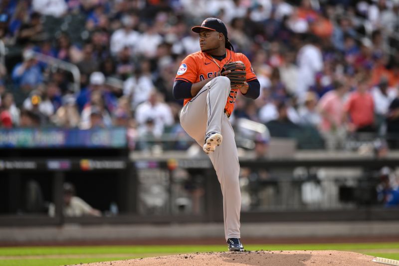 Jun 29, 2024; New York City, New York, USA; Houston Astros pitcher Framber Valdez (59) pitches against the New York Mets during the first inning at Citi Field. Mandatory Credit: John Jones-USA TODAY Sports