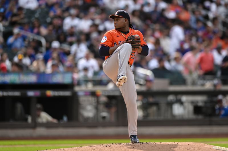 Jun 29, 2024; New York City, New York, USA; Houston Astros pitcher Framber Valdez (59) pitches against the New York Mets during the first inning at Citi Field. Mandatory Credit: John Jones-USA TODAY Sports