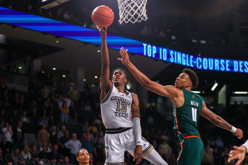 Jan 4, 2023; Atlanta, Georgia, USA; Georgia Tech Yellow Jackets guard Miles Kelly (13) shoots against the Miami Hurricanes in the second half at McCamish Pavilion. Mandatory Credit: Brett Davis-USA TODAY Sports
