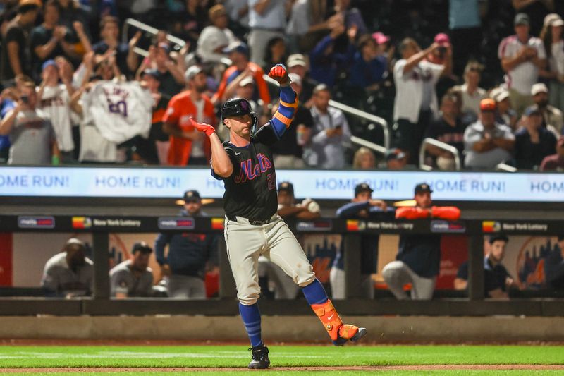 Jun 28, 2024; New York City, New York, USA;  New York Mets first baseman Pete Alonso (20) celebrates after hitting a solo home run in the sixth inning against the Houston Astros at Citi Field. Mandatory Credit: Wendell Cruz-USA TODAY Sports