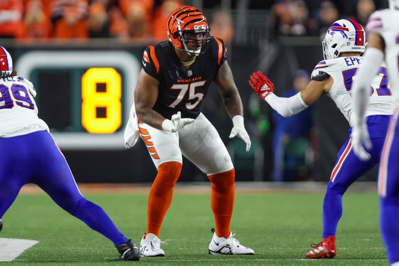 Cincinnati Bengals offensive tackle Orlando Brown Jr. (75) in action during an NFL football game against the Buffalo Bills, Sunday, Nov. 5, 2023, in Cincinnati. (AP Photo/Gary McCullough)