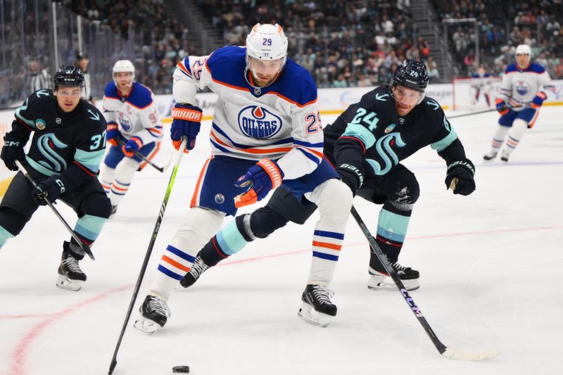 Oct 2, 2024; Seattle, Washington, USA; Edmonton Oilers center Leon Draisaitl (29) protects the puck from Seattle Kraken defenseman Jamie Oleksiak (24) during the second period at Climate Pledge Arena. Mandatory Credit: Steven Bisig-Imagn Images