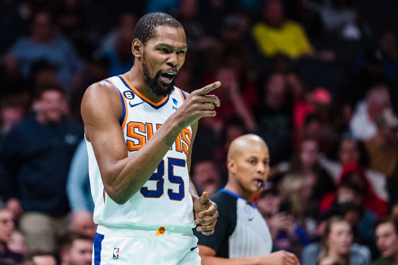 CHARLOTTE, NORTH CAROLINA - MARCH 01: Kevin Durant #35 of the Phoenix Suns reacts in the second quarter during their game against the Charlotte Hornets at Spectrum Center on March 01, 2023 in Charlotte, North Carolina. NOTE TO USER: User expressly acknowledges and agrees that, by downloading and or using this photograph, User is consenting to the terms and conditions of the Getty Images License Agreement. (Photo by Jacob Kupferman/Getty Images)