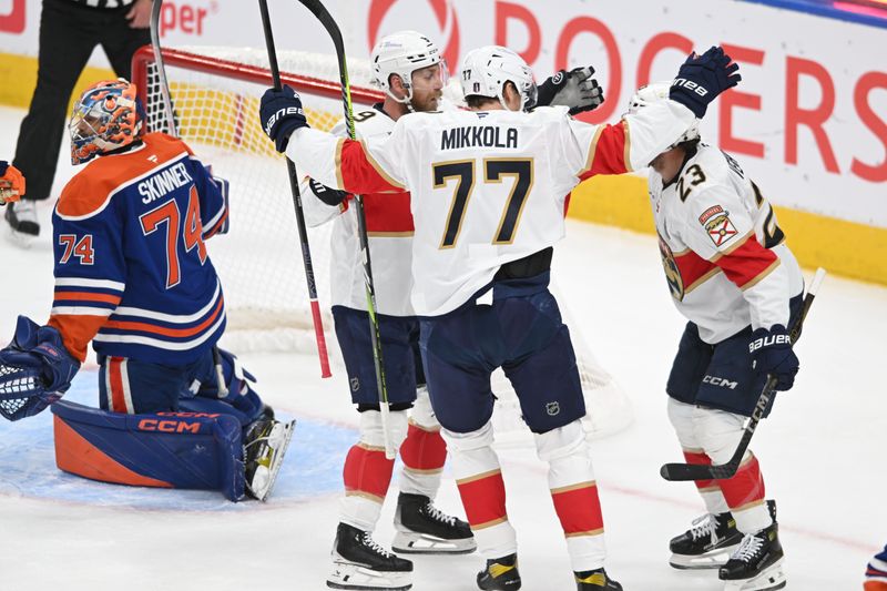 Jun 4, 2025; Edmonton, Alberta, CAN; Florida Panthers center Sam Bennett (9) reacts after scoring a goal against Edmonton Oilers goaltender Stuart Skinner (74) during the first period in game one of the 2025 Stanley Cup Final at Rogers Place. Mandatory Credit: Walter Tychnowicz-Imagn Images