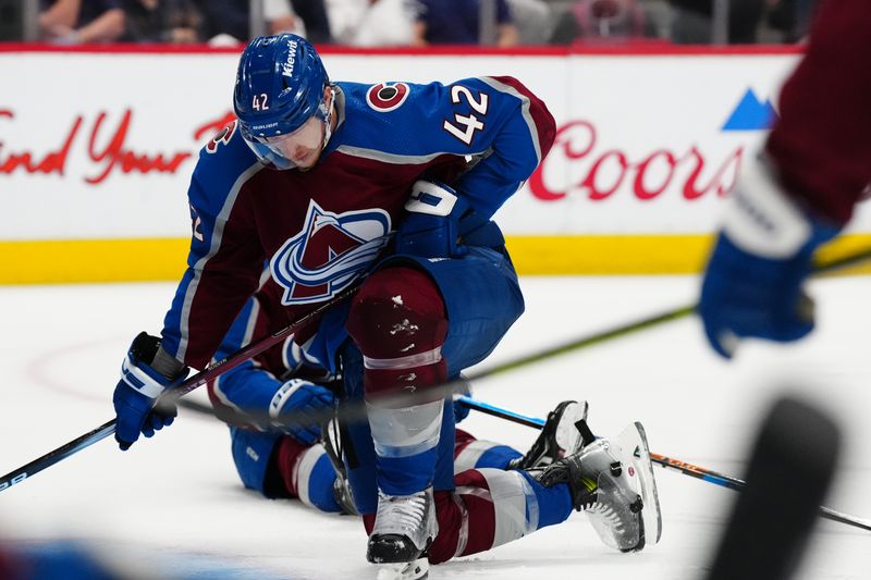 May 17, 2024; Denver, Colorado, USA; Colorado Avalanche defenseman Josh Manson (42) following the double overtime period loss against the Dallas Stars in game six of the second round of the 2024 Stanley Cup Playoffs at Ball Arena. Mandatory Credit: Ron Chenoy-USA TODAY Sports