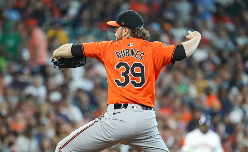 Jun 22, 2024; Houston, Texas, USA; Baltimore Orioles starting pitcher Corbin Burnes (39) delivers a pitch during the first inning against the Houston Astros at Minute Maid Park. Mandatory Credit: Troy Taormina-USA TODAY Sports