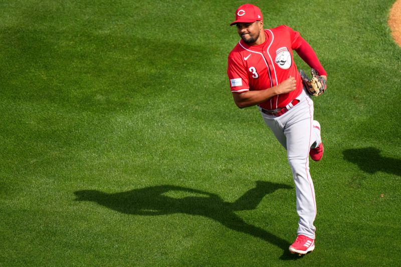 Feb. 24, 2024; Goodyear, Arizona, USA; Cincinnati Reds third baseman Jeimer Candelario (3) reacts after a defensive play in the second inning during a MLB spring training baseball game against the Cleveland Guardians at Goodyear Ballpark. Mandatory Credit: Kareem Elgazzar-USA TODAY Sports