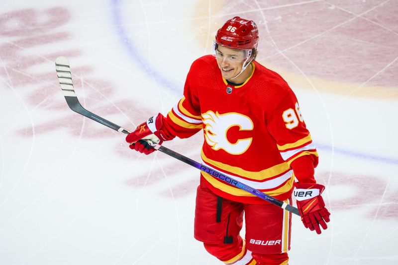 Feb 17, 2024; Calgary, Alberta, CAN; Calgary Flames left wing Andrei Kuzmenko (96) skates during the warmup period against the Detroit Red Wings at Scotiabank Saddledome. Mandatory Credit: Sergei Belski-USA TODAY Sports