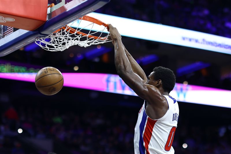 PHILADELPHIA, PENNSYLVANIA - APRIL 09: Jalen Duren #0 of the Detroit Pistons dunks during the second quarter against the Philadelphia 76ers at the Wells Fargo Center on April 09, 2024 in Philadelphia, Pennsylvania. (Photo by Tim Nwachukwu/Getty Images)