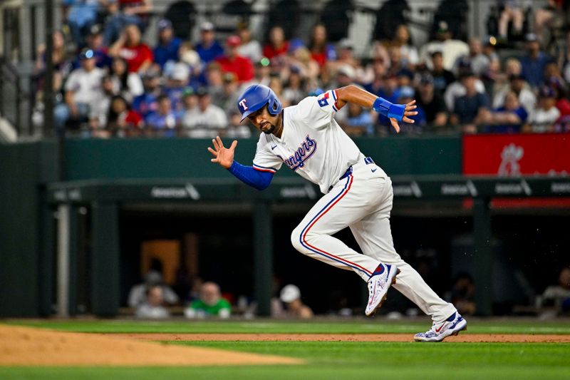 Jun 8, 2024; Arlington, Texas, USA; Texas Rangers second baseman Marcus Semien (2) advances to second base during the first inning against the San Francisco Giants at Globe Life Field. Mandatory Credit: Jerome Miron-USA TODAY Sports