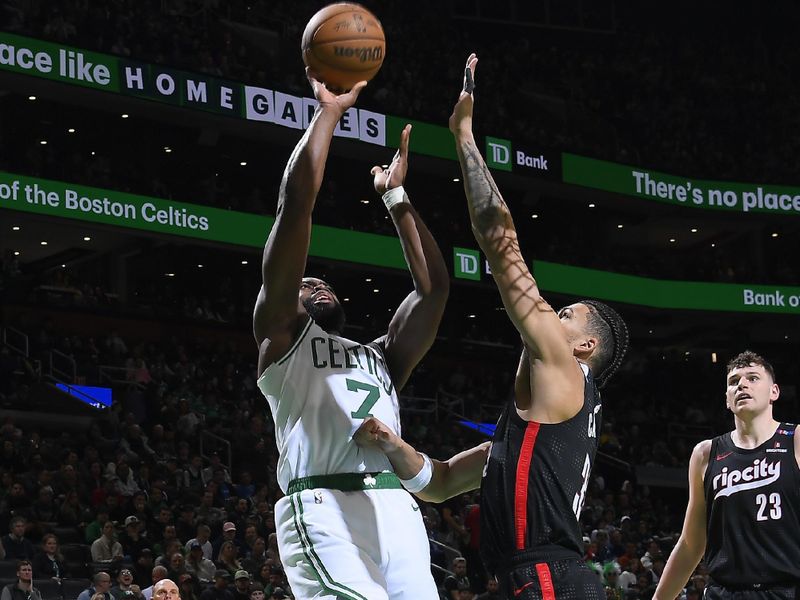 BOSTON, MA - MARCH 5: Jaylen Brown #7 of the Boston Celtics shoots the ball during the game against the Portland Trail Blazers on March 5, 2025 at TD Garden in Boston, Massachusetts. NOTE TO USER: User expressly acknowledges and agrees that, by downloading and/or using this Photograph, user is consenting to the terms and conditions of the Getty Images License Agreement. Mandatory Copyright Notice: Copyright 2025 NBAE (Photo by Brian Babineau/NBAE via Getty Images)