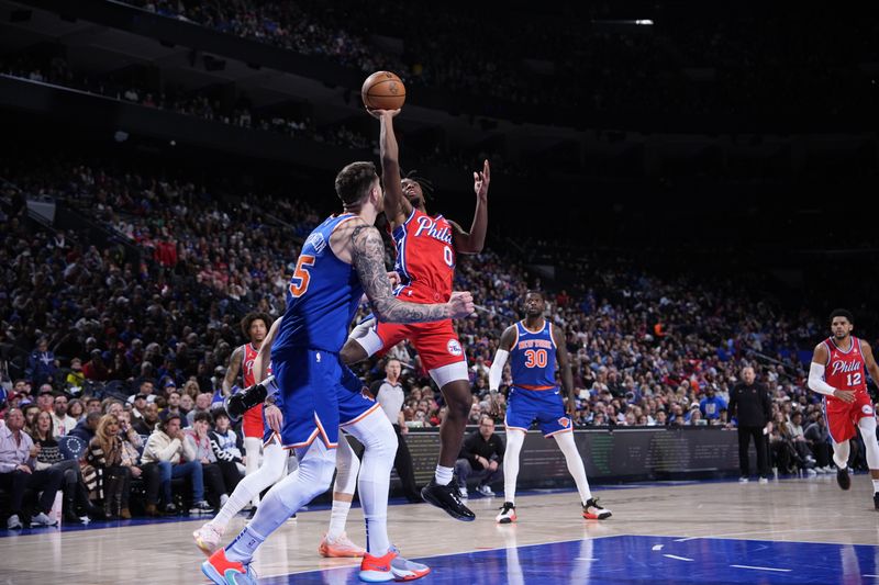 PHILADELPHIA, PA - JANUARY 5: Tyrese Maxey #0 of the Philadelphia 76ers drives to the basket during the game against the New York Knicks on January 5, 2024 at the Wells Fargo Center in Philadelphia, Pennsylvania NOTE TO USER: User expressly acknowledges and agrees that, by downloading and/or using this Photograph, user is consenting to the terms and conditions of the Getty Images License Agreement. Mandatory Copyright Notice: Copyright 2024 NBAE (Photo by Jesse D. Garrabrant/NBAE via Getty Images)