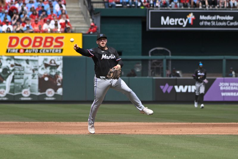 Apr 7, 2024; St. Louis, Missouri, USA; Miami Marlins third baseman Jake Burger (36) throws to first against the St. Louis Cardinals during the third inning at Busch Stadium. Mandatory Credit: Jeff Le-USA TODAY Sports