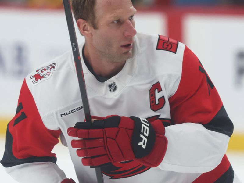 Mar 22, 2026; Pittsburgh, Pennsylvania, USA;  Carolina Hurricanes center Jordan Staal (11) warms up before the game against the Pittsburgh Penguins at PPG Paints Arena. Mandatory Credit: Charles LeClaire-Imagn Images