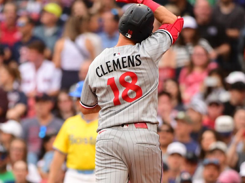 May 3, 2025; Boston, Massachusetts, USA; Minnesota Twins second baseman Kody Clemens (18) reacts at home plate after hitting a two run home run during the sixth inning against the Boston Red Sox at Fenway Park. Mandatory Credit: Bob DeChiara-Imagn Images