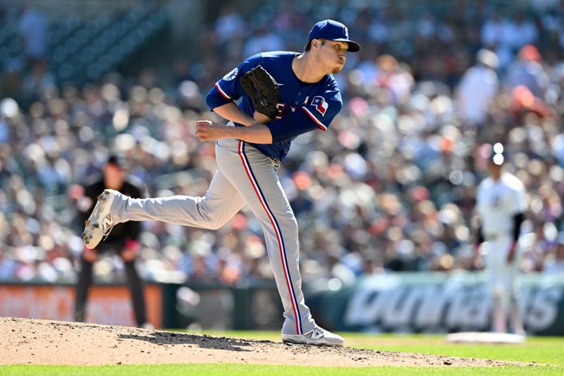 May 11, 2025; Detroit, Michigan, USA; Texas Rangers pitcher Robert Garcia (62) throws a pitch against the Detroit Tigers in the ninth inning at Comerica Park. Mandatory Credit: Lon Horwedel-Imagn Images