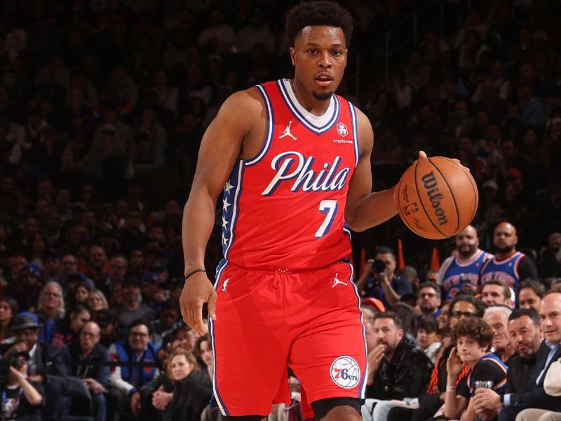 NEW YORK, NY - APRIL 22:  Kyle Lowry #7 of the Philadelphia 76ers handles the ball during the game  against the New York Knicks during Round 1 Game 2 of the 2024 NBA Playoffs on April 22, 2024 at Madison Square Garden in New York City, New York.  NOTE TO USER: User expressly acknowledges and agrees that, by downloading and or using this photograph, User is consenting to the terms and conditions of the Getty Images License Agreement. Mandatory Copyright Notice: Copyright 2024 NBAE  (Photo by Nathaniel S. Butler/NBAE via Getty Images)