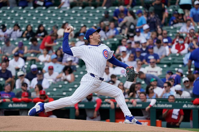 Jul 7, 2024; Chicago, Illinois, USA; Chicago Cubs pitcher Hayden Wesneski (19) throws the ball against the Los Angeles Angels during the first inning at Wrigley Field. Mandatory Credit: David Banks-USA TODAY Sports