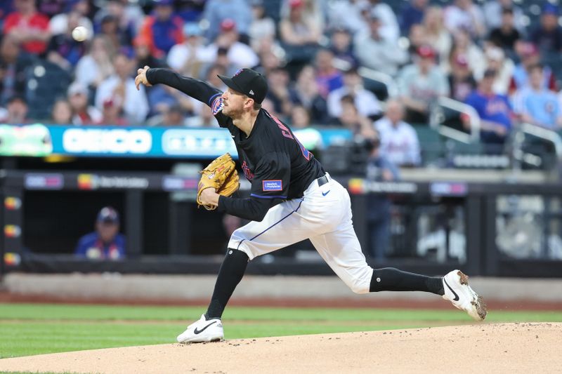 Apr 22, 2025; New York City, New York, USA;  New York Mets starting pitcher Griffin Canning (46) pitches in the first inning against the Philadelphia Phillies at Citi Field. Mandatory Credit: Wendell Cruz-Imagn Images