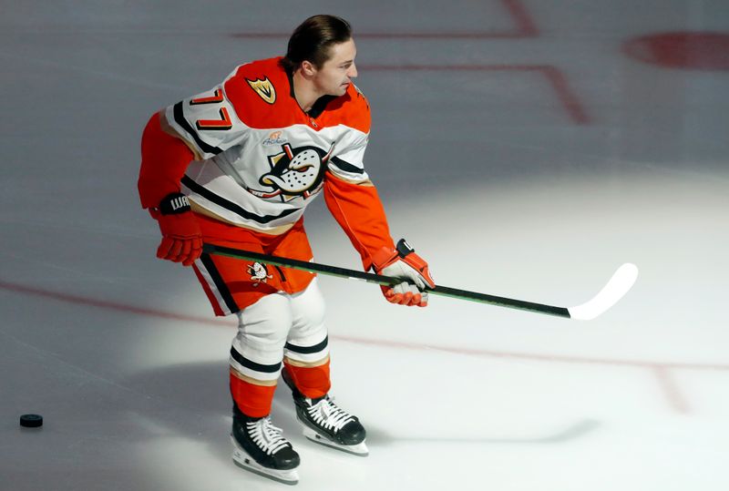 Oct 31, 2024; Pittsburgh, Pennsylvania, USA;  Anaheim Ducks right wing Frank Vatrano (77) takes the ice to warm up before the game against the Pittsburgh Penguins at PPG Paints Arena. Mandatory Credit: Charles LeClaire-Imagn Images