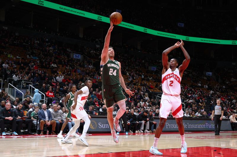 TORONTO, CANADA - JANUARY 6: Pat Connaughton #24 of the Milwaukee Bucks shoots the ball during the game against the Toronto Raptors on January 6, 2025 at the Scotiabank Arena in Toronto, Ontario, Canada.  NOTE TO USER: User expressly acknowledges and agrees that, by downloading and or using this Photograph, user is consenting to the terms and conditions of the Getty Images License Agreement.  Mandatory Copyright Notice: Copyright 2025 NBAE (Photo by Vaughn Ridley/NBAE via Getty Images)