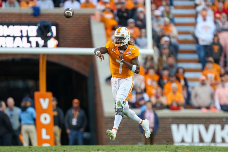 Nov 18, 2023; Knoxville, Tennessee, USA; Tennessee Volunteers quarterback Joe Milton III (7) passes the ball against the Georgia Bulldogs during the first half at Neyland Stadium. Mandatory Credit: Randy Sartin-USA TODAY Sports