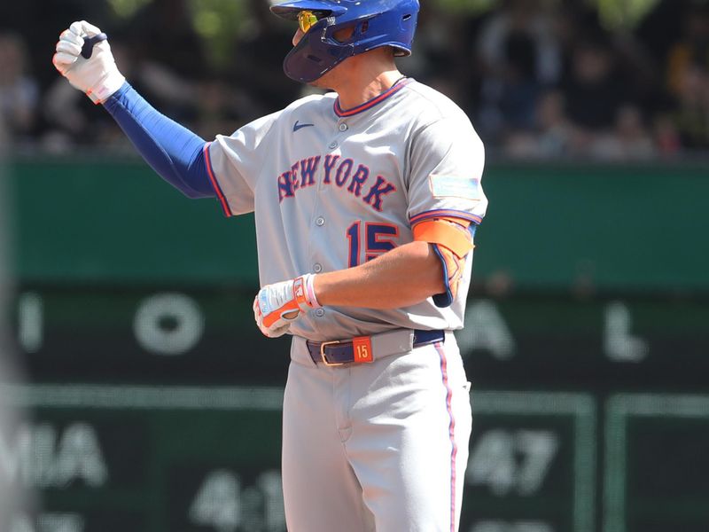 Jun 29, 2025; Pittsburgh, Pennsylvania, USA;  New York Mets pinch hitter Tyrone Taylor (15) gestures at second base with a double against the Pittsburgh Pirates during the eighth inning at PNC Park. Mandatory Credit: Charles LeClaire-Imagn Images
