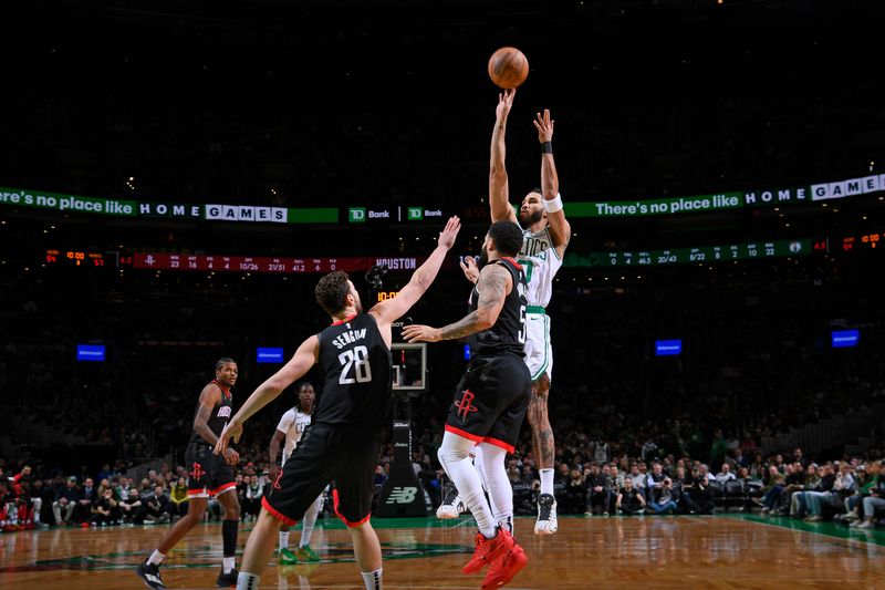 BOSTON, MA - JANUARY 27: Jayson Tatum #0 of the Boston Celtics shoots the ball during the game against the Houston Rockets on January 27, 2025 at TD Garden in Boston, Massachusetts. NOTE TO USER: User expressly acknowledges and agrees that, by downloading and/or using this Photograph, user is consenting to the terms and conditions of the Getty Images License Agreement. Mandatory Copyright Notice: Copyright 2025 NBAE (Photo by Brian Babineau/NBAE via Getty Images)