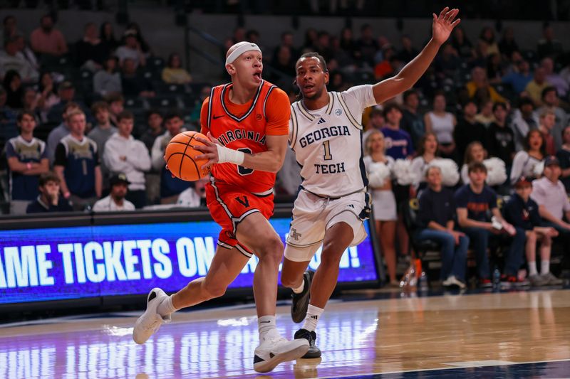 Feb 18, 2026; Atlanta, Georgia, USA; Virginia Cavaliers guard Jacari White (6) drives past Georgia Tech Yellow Jackets guard Lamar Washington (1) in the first half at McCamish Pavilion. Mandatory Credit: Brett Davis-Imagn Images