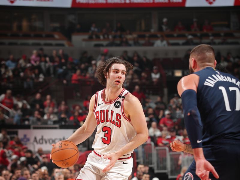 CHICAGO, IL - JANUARY 10: Josh Giddey #3 of the Chicago Bulls handles the ball during the game against the Washington Wizards on January 10, 2025 at United Center in Chicago, Illinois. NOTE TO USER: User expressly acknowledges and agrees that, by downloading and or using this photograph, User is consenting to the terms and conditions of the Getty Images License Agreement. Mandatory Copyright Notice: Copyright 2024 NBAE (Photo by Gary Dineen/NBAE via Getty Images)