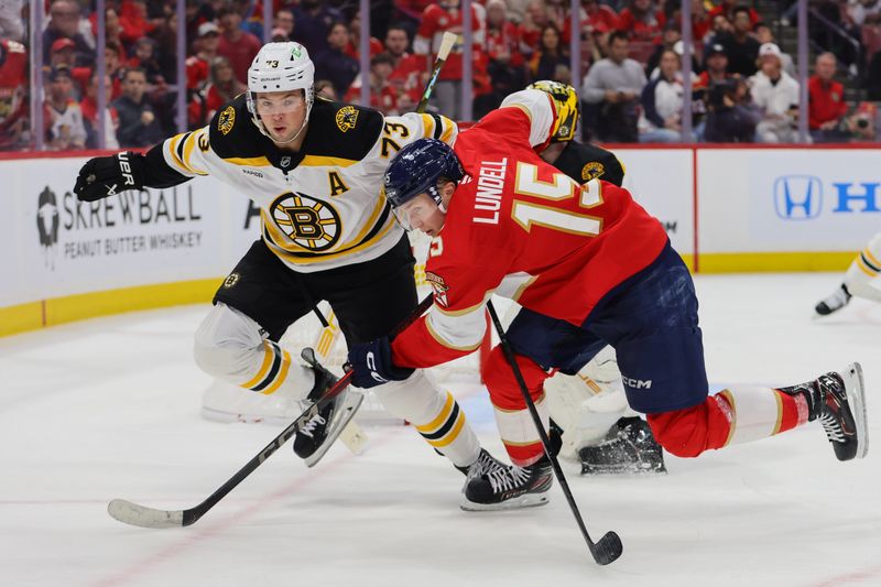 Oct 8, 2024; Sunrise, Florida, USA; Boston Bruins defenseman Charlie McAvoy (73) and Florida Panthers center Anton Lundell (15) battle for the puck during the second period at Amerant Bank Arena. Mandatory Credit: Sam Navarro-Imagn Images