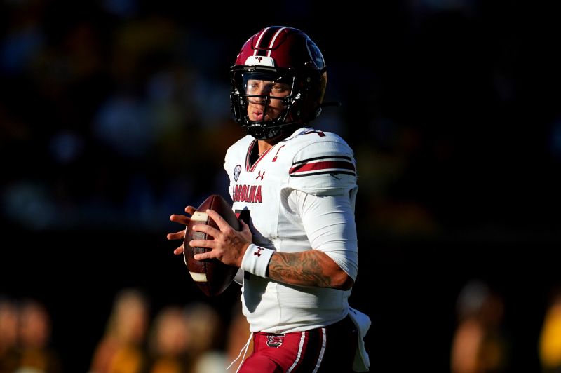 Oct 21, 2023; Columbia, Missouri, USA; South Carolina Gamecocks quarterback Spencer Rattler (7) drops back to pass during the second half against the Missouri Tigers at Faurot Field at Memorial Stadium. Mandatory Credit: Jay Biggerstaff-USA TODAY Sports