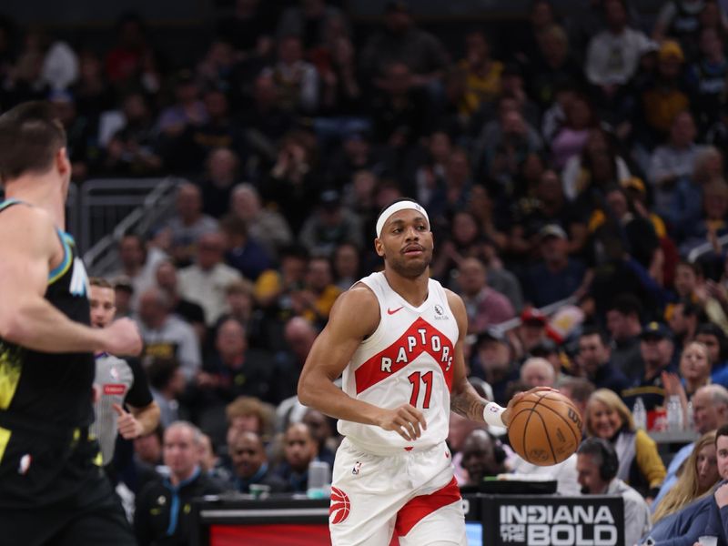 INDIANAPOLIS, IN - FEBRUARY 27: Bruce Brown #11 of the Toronto Raptors dribbles the ball during the game against the Indiana Pacers on February 27, 2024 at Gainbridge Fieldhouse in Indianapolis, Indiana. NOTE TO USER: User expressly acknowledges and agrees that, by downloading and or using this Photograph, user is consenting to the terms and conditions of the Getty Images License Agreement. Mandatory Copyright Notice: Copyright 2024 NBAE (Photo by Pepper Robinson/NBAE via Getty Images)