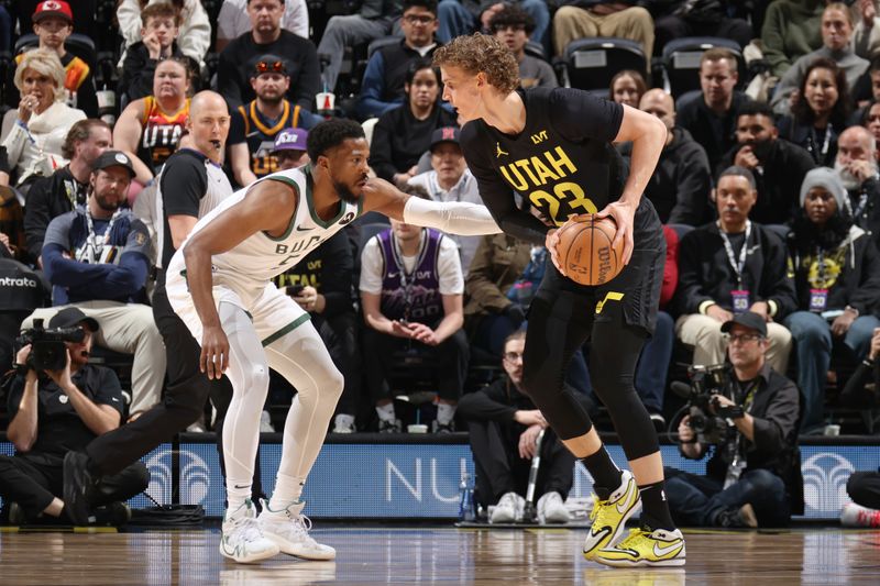 SALT LAKE CITY, UT - FEBRUARY 4: Lauri Markkanen #23 of the Utah Jazz looks to pass the ball during the game against the Milwaukee Bucks on February 4, 2024 at Delta Center in Salt Lake City, Utah. NOTE TO USER: User expressly acknowledges and agrees that, by downloading and or using this Photograph, User is consenting to the terms and conditions of the Getty Images License Agreement. Mandatory Copyright Notice: Copyright 2024 NBAE (Photo by Melissa Majchrzak/NBAE via Getty Images)