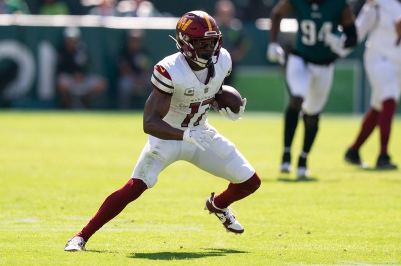 Washington Commanders wide receiver Terry McLaurin (17) in action during the NFL football game against the Philadelphia Eagles, Sunday, Oct. 1, 2023, in Philadelphia. (AP Photo/Chris Szagola)