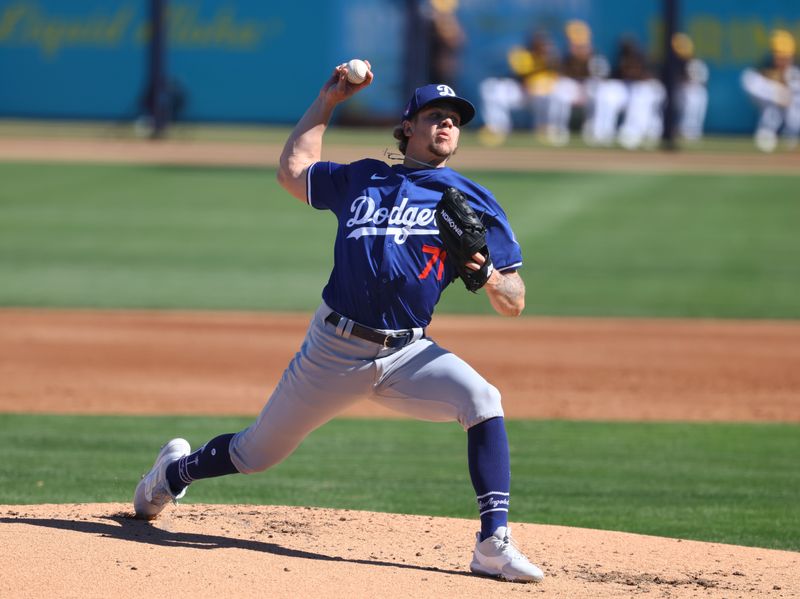 Feb 22, 2024; Peoria, Arizona, USA; Los Angeles Dodgers pitcher Gavin Stone against the San Diego Padres during a spring training game at Peoria Sports Complex. Mandatory Credit: Mark J. Rebilas-USA TODAY Sports