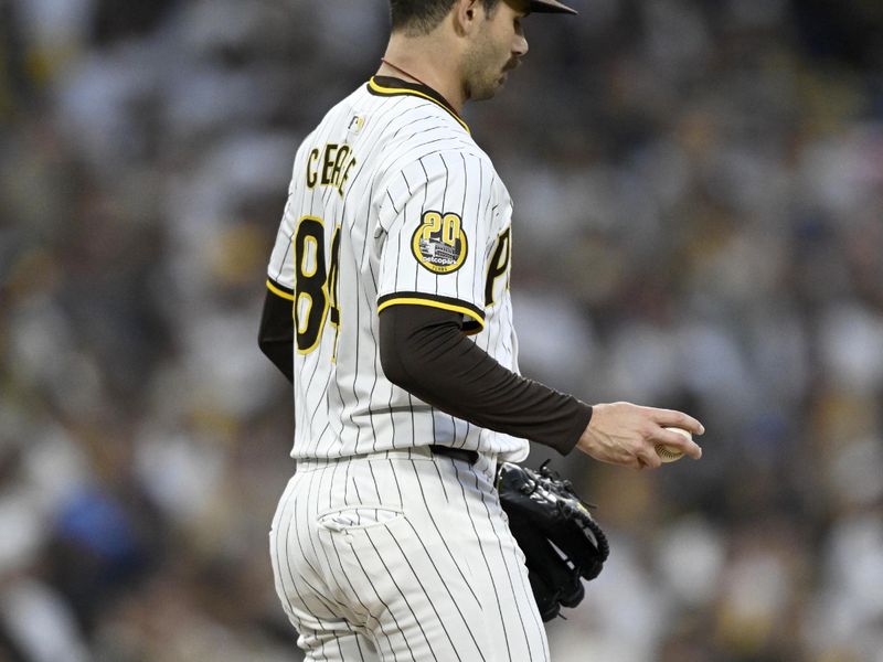Oct 9, 2024; San Diego, California, USA; San Diego Padres pitcher Dylan Cease (84) reacts after giving up a home run in the first inning against the Los Angeles Dodgers during game four of the NLDS for the 2024 MLB Playoffs at Petco Park.  Mandatory Credit: Denis Poroy-Imagn Images