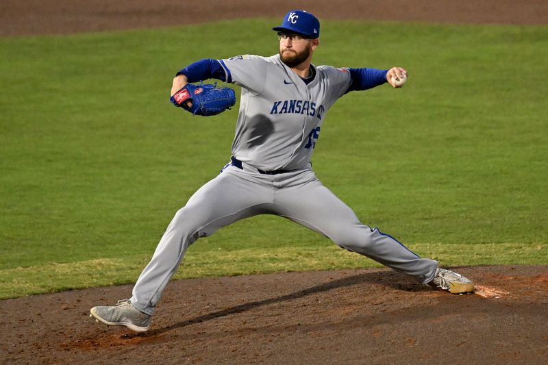 Apr 30, 2025; St. Petersburg, Florida, USA; Kansas City Royals starting pitcher Noah Cameron (65) throws a pitch in the fifth inning against the Tampa Bay Rays at George M. Steinbrenner Field. Mandatory Credit: Jonathan Dyer-Imagn Images