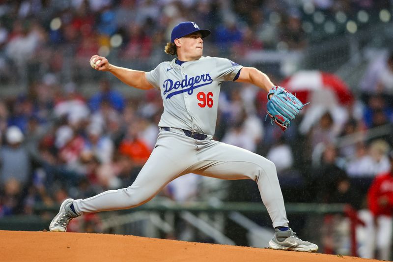 Sep 13, 2024; Atlanta, Georgia, USA; Los Angeles Dodgers starting pitcher Landon Knack (96) throws against the Atlanta Braves in the first inning at Truist Park. Mandatory Credit: Brett Davis-Imagn Images