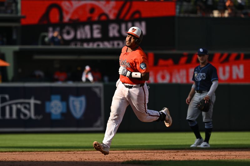 Jun 28, 2025; Baltimore, Maryland, USA; Baltimore Orioles catcher Chadwick Tromp (41) rounds the bases after hitting a home run against the Tampa Bay Rays during the fifth inning at Oriole Park at Camden Yards. Mandatory Credit: Rafael Suanes-Imagn Images