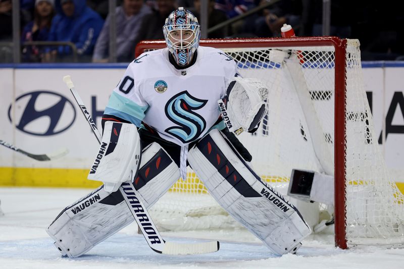 Jan 16, 2024; New York, New York, USA; Seattle Kraken goaltender Chris Driedger (60) tends net against the New York Rangers during the first period at Madison Square Garden. Mandatory Credit: Brad Penner-USA TODAY Sports