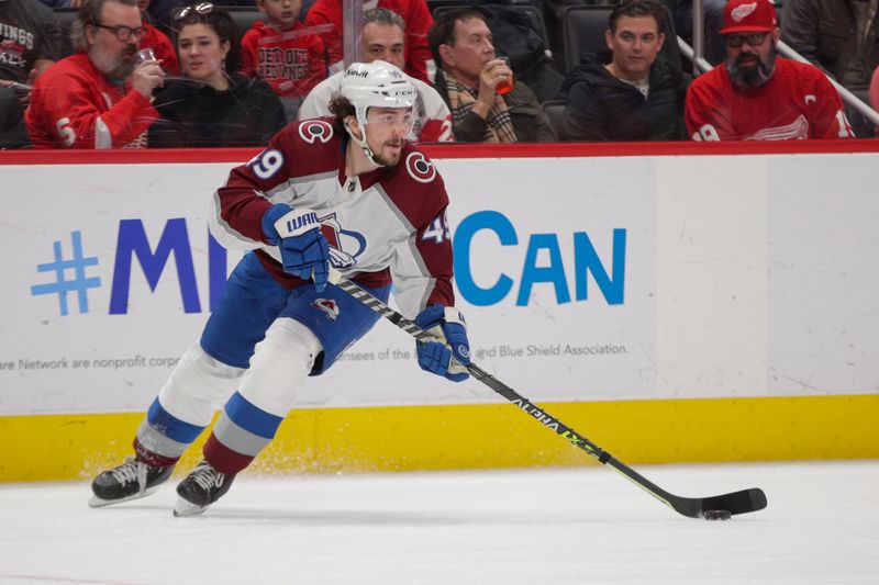 Mar 18, 2023; Detroit, Michigan, USA; Colorado Avalanche defenseman Samuel Girard (49) handles the puck during the second period at Little Caesars Arena. Mandatory Credit: Brian Bradshaw Sevald-USA TODAY Sports