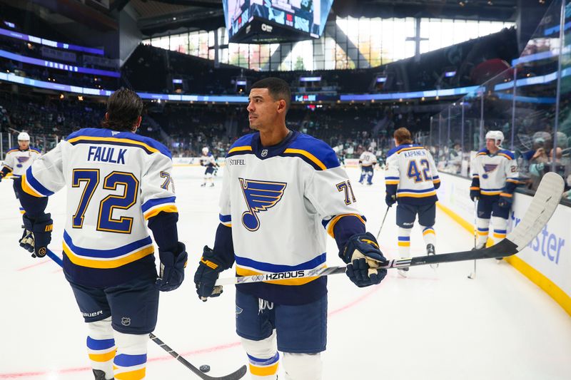 Oct 8, 2024; Seattle, Washington, USA;  St. Louis Blues right wing Mathieu Joseph (71) looks on during warm ups before the game against the Seattle Kraken at Climate Pledge Arena. Mandatory Credit: Caean Couto-Imagn Images