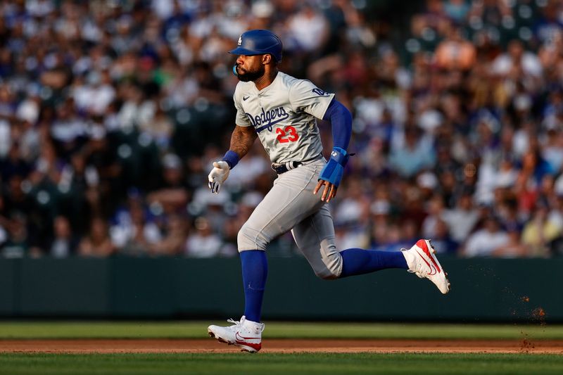 Jun 17, 2024; Denver, Colorado, USA; Los Angeles Dodgers right fielder Jason Heyward (23) runs to second in the fifth inning against the Colorado Rockies at Coors Field. Mandatory Credit: Isaiah J. Downing-USA TODAY Sports