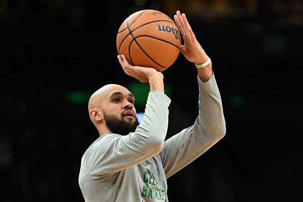 BOSTON, MASSACHUSETTS - NOVEMBER 26: Derrick White #9 of the Boston Celtics takes a shot during warmups before a game against the Atlanta Hawks at the TD Garden on November 26, 2023 in Boston, Massachusetts. NOTE TO USER: User expressly acknowledges and agrees that, by downloading and or using this photograph, User is consenting to the terms and conditions of the Getty Images License Agreement. (Photo by Brian Fluharty/Getty Images)