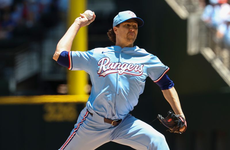 May 4, 2025; Arlington, Texas, USA;  Texas Rangers starting pitcher Jacob deGrom (48) throws during the first inning against the Seattle Mariners at Globe Life Field. Mandatory Credit: Kevin Jairaj-Imagn Images